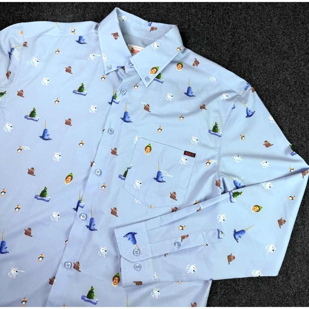 The RSVLTS Elf Bye Buddy Long Sleeve Button Down Kunuflex Shirt Men's Large Blue